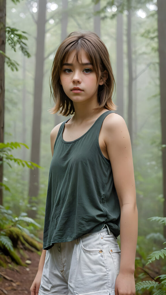 a detailed portrait (((young teenage girl))) with soft, amber, shoulder-length hair and a tapered fringe, standing in a (((big, foggy forest))), exuding a sense of loneliness and isolation, dressed in tattered tank top, her figure eliciting (((stunningly gorgeous)))); the scene oozes a feeling of melancholy and unease
