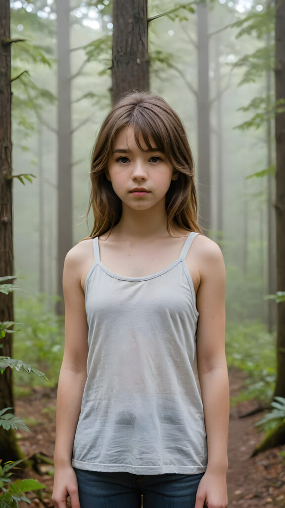 a detailed portrait (((young teenage girl))) with soft, amber, shoulder-length hair and a tapered fringe, standing in a (((big, foggy forest))), exuding a sense of loneliness and isolation, dressed in tattered tank top, her figure eliciting (((stunningly gorgeous)))); the scene oozes a feeling of melancholy and unease