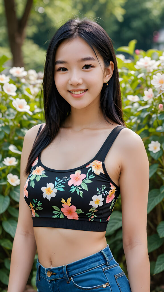 a detailed teen e-girl, soft black straight hair, she wears a skin-tight, form-fitting crop top with a floral pattern, smile