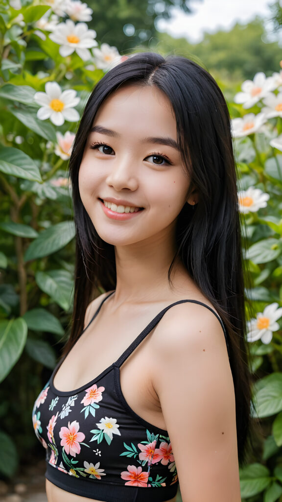 a detailed teen e-girl, soft black straight hair, she wears a skin-tight, form-fitting crop top with a floral pattern, smile
