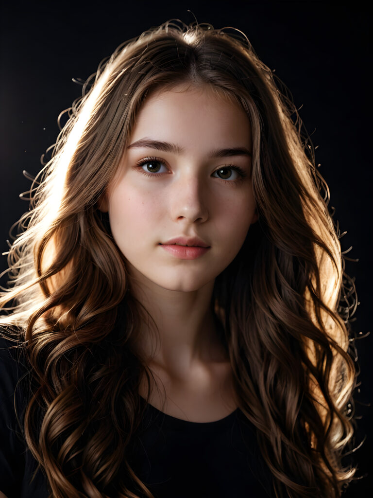 a dream teen girl, long weavy hair, bright light falls on the object, ((black background)) ((detailed)) ((upper body))
