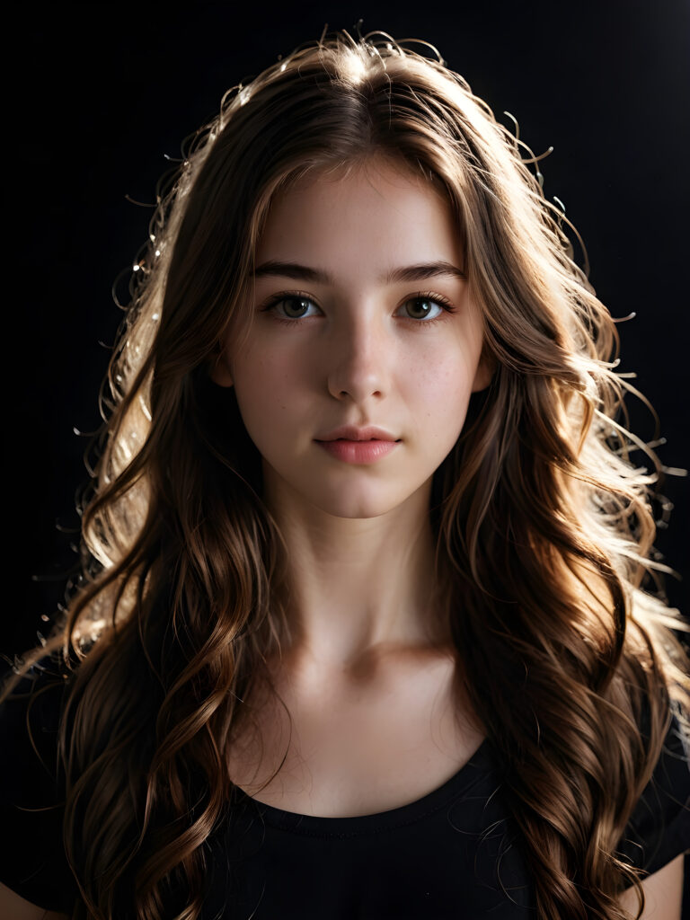 a dream teen girl, long weavy hair, bright light falls on the object, ((black background)) ((detailed)) ((upper body))