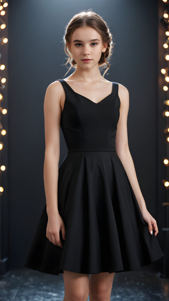 a fantastic fantasy teen girl ((realistic detailed photo)) ((empty background)) ((lightly dressed in a black cocktail dress))
