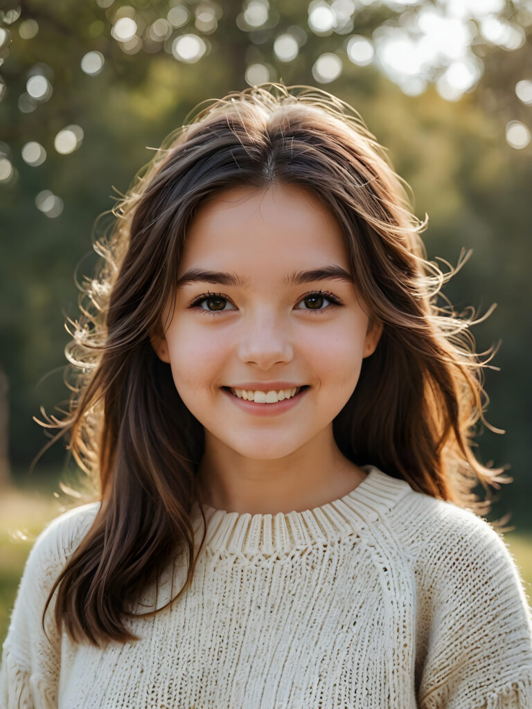 a fantastic picture of a natural teen girl, her cheerful nature makes you happy, she has soft hair and a round face, she wars a thin woolen sweater