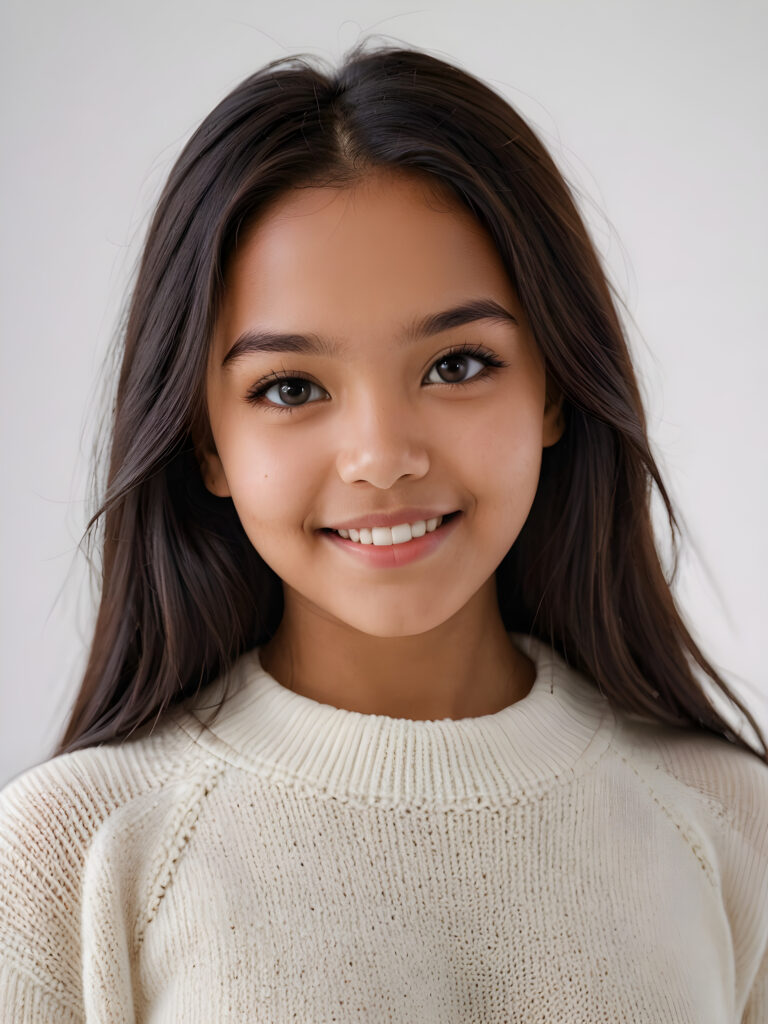 a fantastic picture of a natural brown-skinned teen girl, who makes you happy, she has straight long obsidian black soft shoulder-length hair, a round face, she wars a thin white woolen sweater ((white background)) ((dimmed light)) perfect shadows