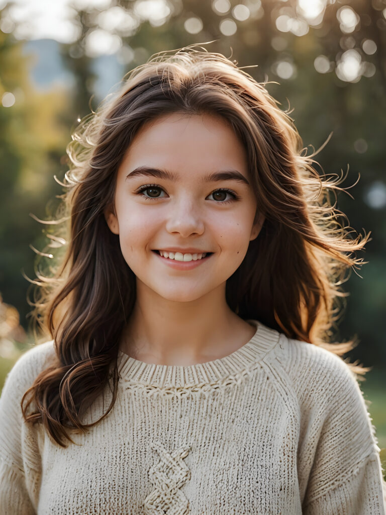 a fantastic picture of a natural teen girl, her cheerful nature makes you happy, she has soft hair and a round face, she wars a thin woolen sweater