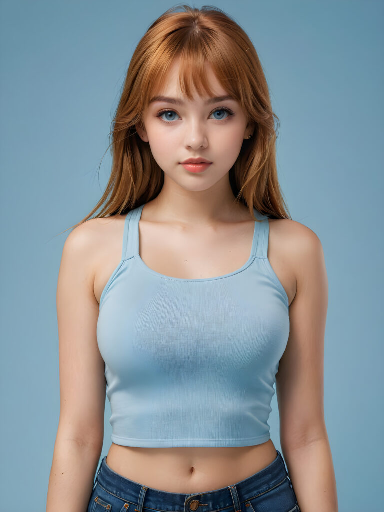 a full body shot of an 16-year-old teen girl, wears a super crop top tank top, perfect curved body, showcasing extremely realistic skin textures, glossy lipstick-adorned full lips, a small flawless nose, and golden reddish (((very soft straight)) hair with bangs, big light blue eyes, model engaging the viewer with a dynamic pose under a low key lighting, dark limited palette, utilizing sharp focus, intricate details, ultra-fine photography, wide angle view