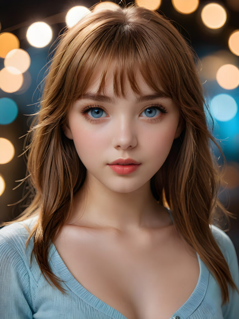 a full body shot of an 17-year-old amateur teen model, showcasing extremely realistic skin textures, glossy lipstick-adorned full lips, a small flawless nose, and golden reddish (((very soft straight)) hair with bangs, big light blue eyes, model engaging the viewer with a dynamic pose under a low key lighting, dark limited palette, utilizing sharp focus, intricate details, ultra-fine photography, wide angle view