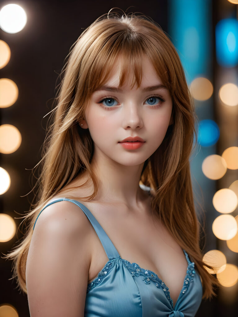 a full body shot of an 17-year-old amateur teen model, showcasing extremely realistic skin textures, glossy lipstick-adorned full lips, a small flawless nose, and golden reddish (((very soft straight)) hair with bangs, big light blue eyes, model engaging the viewer with a dynamic pose under a low key lighting, dark limited palette, utilizing sharp focus, intricate details, ultra-fine photography, wide angle view