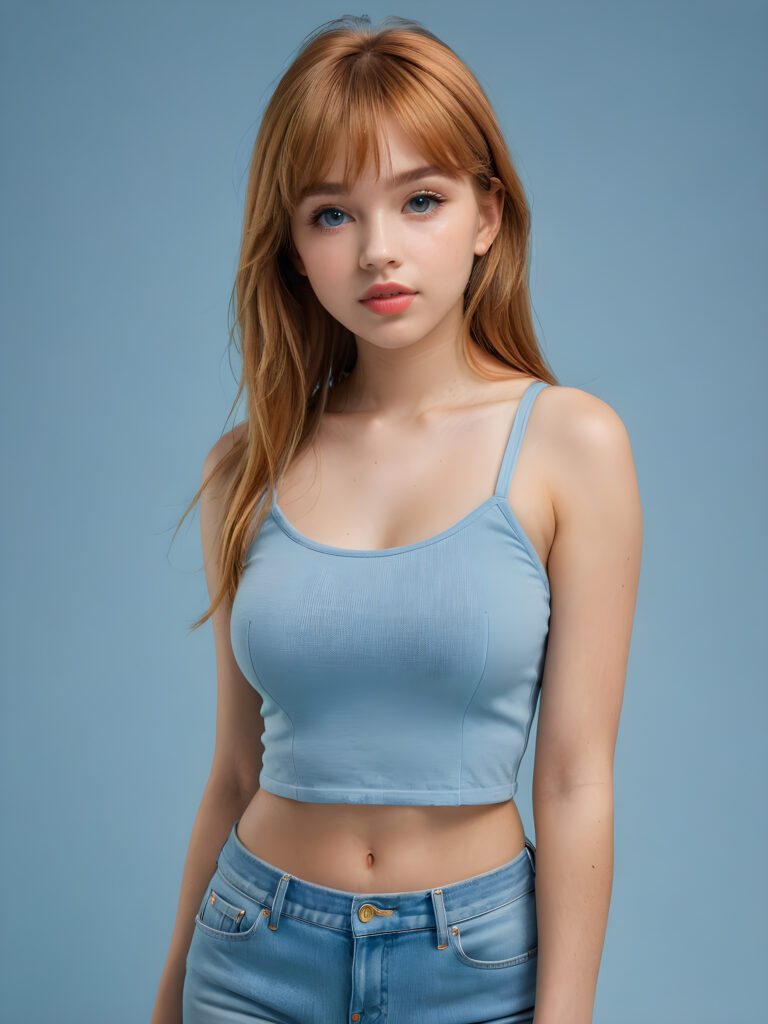 a full body shot of an 16-year-old teen girl, wears a super crop top tank top, perfect curved body, showcasing extremely realistic skin textures, glossy lipstick-adorned full lips, a small flawless nose, and golden reddish (((very soft straight)) hair with bangs, big light blue eyes, model engaging the viewer with a dynamic pose under a low key lighting, dark limited palette, utilizing sharp focus, intricate details, ultra-fine photography, wide angle view