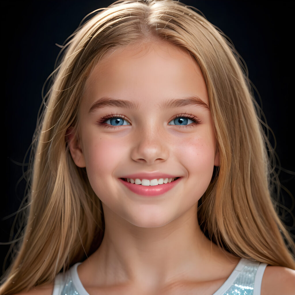 a girl, 11 years old, full, shiny straight gold hair. Her white, flawless skin shimmers slightly, ((full pink lips)) and light blue eyes. Perfect body. She smiles. (white teeth) ((detailed perfect photo)) ((stunning)) ((gorgeous)) ((cute)) ((black background)) ((dimmed light))