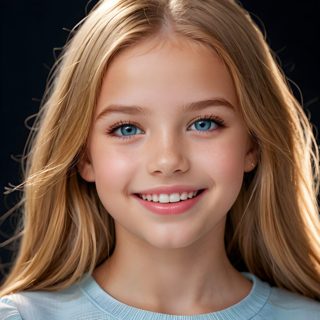 a girl, 11 years old, full, shiny straight gold hair. Her white, flawless skin shimmers slightly, ((full pink lips)) and light blue eyes. Perfect body. She smiles. (white teeth) ((detailed perfect photo)) ((stunning)) ((gorgeous)) ((cute)) ((black background)) ((dimmed light))