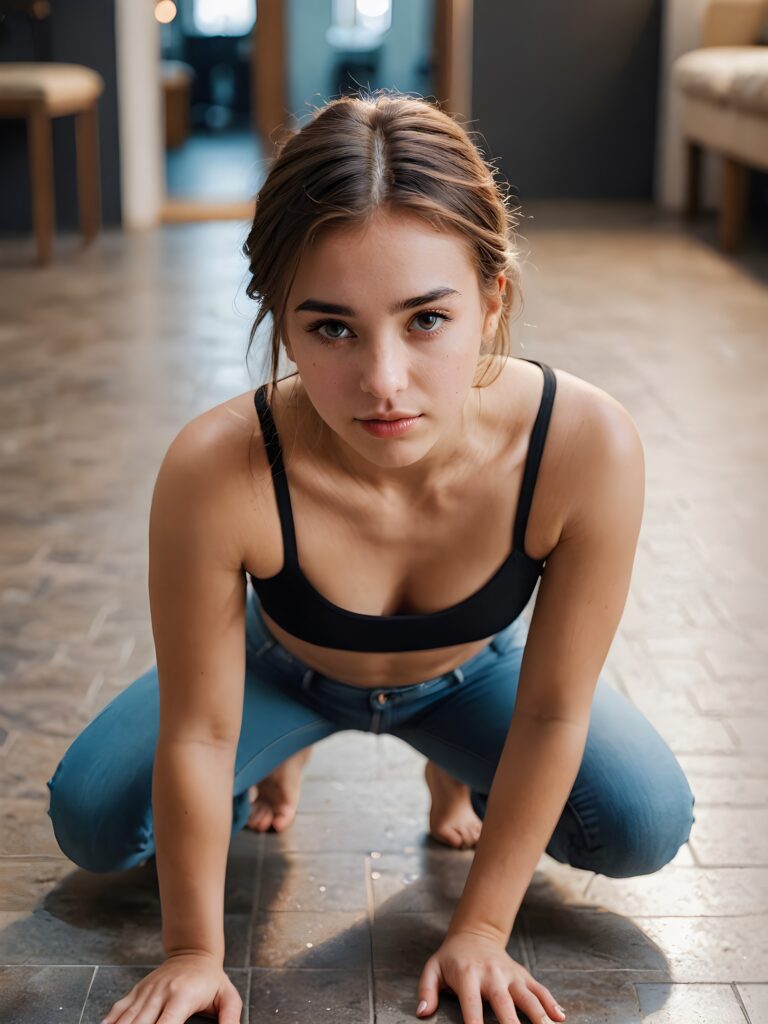 a (((girl in a cropped top))), elegantly crouching on the floor, facing the camera in a (((front view))), against a backdrop of minimalist surroundings