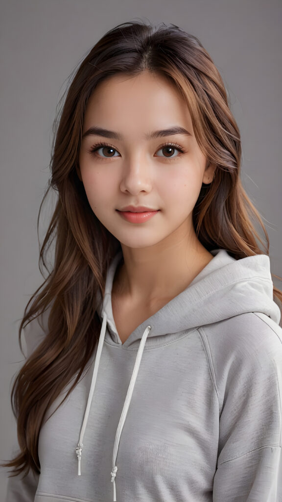 a girl, full detailed and realistic portrait, ((round, angelic face)), flawless, young and smooth skin, full lips, her deep brown eyes sparkle, ((hazelnut long, straight soft shiny hair)), white hoodie, a warm smile enchants the viewer, perfect curved body, ((gorgeous)) ((stunning)) ((grey background)) ((cute))