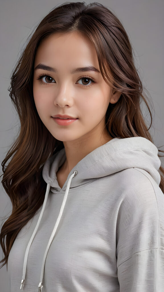 a girl, full detailed and realistic portrait, ((round, angelic face)), flawless, young and smooth skin, full lips, her deep brown eyes sparkle, ((hazelnut long, straight soft shiny hair)), white hoodie, a warm smile enchants the viewer, perfect curved body, ((gorgeous)) ((stunning)) ((grey background)) ((cute))