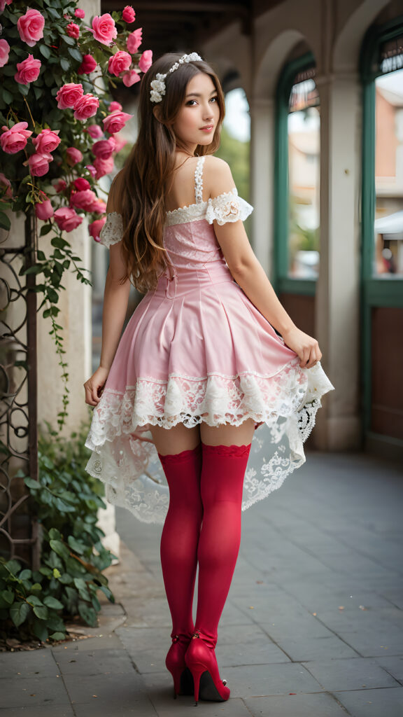 a (((girl in a diminutive Rosa dress))), paired with intricate (((lace red stockings))), her garters adorning a playful hint of (embarrassment) on her face, with flowing (((long hair))), artfully styled in vividly hyperrealistic detail, captured from a (rear side) full-length perspective, highlighting a (radiant and dynamic composition)