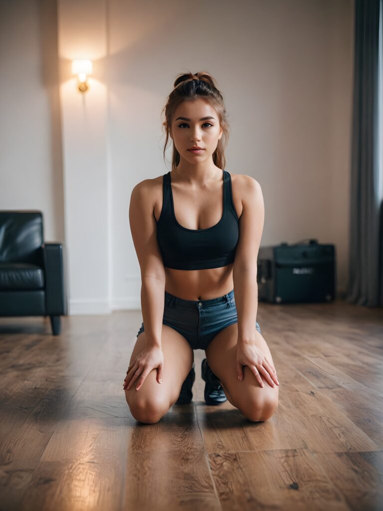 a teen girl, kneel on the floor, front view, crop top, perfect fit body