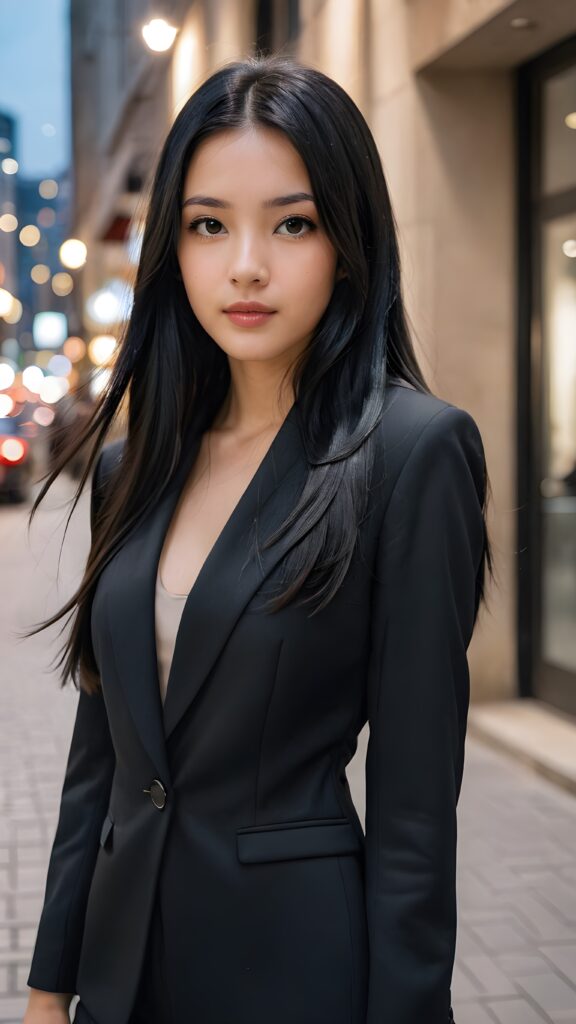 a (((girl with very long, sleek straight black hair))), dressed in a (((thin, elegant suit))), her hair flowing gracefully around her face, capturing a sense of modern sophistication against a minimal backdrop