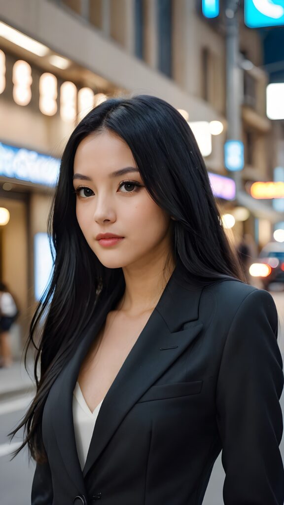 a (((girl with very long, sleek straight black hair))), dressed in a (((thin, elegant suit))), her hair flowing gracefully around her face, capturing a sense of modern sophistication against a minimal backdrop