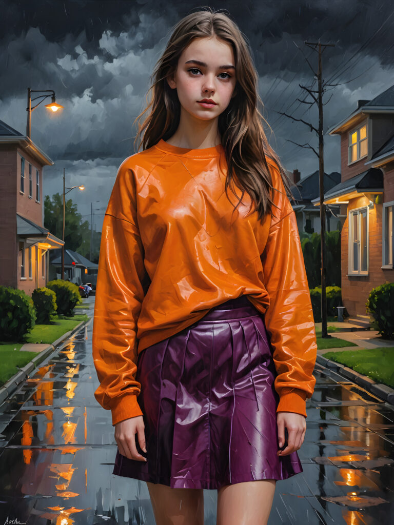a gorgeous 19 year old teen girl wearing an orange satin sweatshirt and dark magenta black leather long skirt. Night rainy suburban landscape.