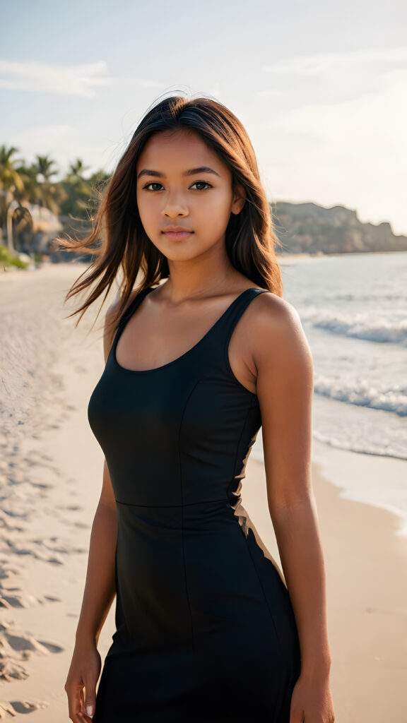 a gorgeous Exotic teen girl (((brown-skinned, straight brown soft hair))) in a sleek, (((black dress))), standing confidently with a powerful presence, as she leads the gaze of the viewer, against a backdrop of a (beach)