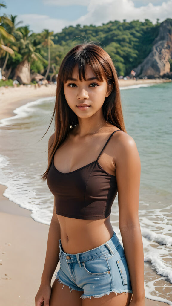 a gorgeous Indonesia teen girl (((brown-skinned, straight brown soft hair, bangs cut))) in a sleek, (((short crop top))), she has a perfect curved body, standing confidently with a powerful presence, as she leads the gaze of the viewer, against a backdrop of a (beach)