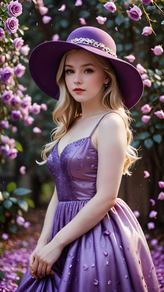 a (((gorgeous cute teengirl))) with (((pale white skin))), dressed in a (((classic purple long dress))), accessorizing with (((purple hat))), emanating an ethereal glow against a backdrop of (((softly falling purple rose petals))), capturing an air of mystery and splendor under the (ethereal glow of the night sky)