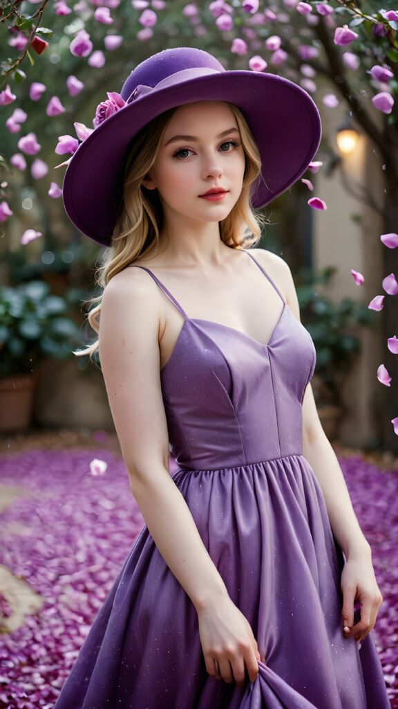 a (((gorgeous cute teengirl))) with (((pale white skin))), dressed in a (((classic purple long dress))), accessorizing with (((purple hat))), emanating an ethereal glow against a backdrop of (((softly falling purple rose petals))), capturing an air of mystery and splendor under the (ethereal glow of the night sky)