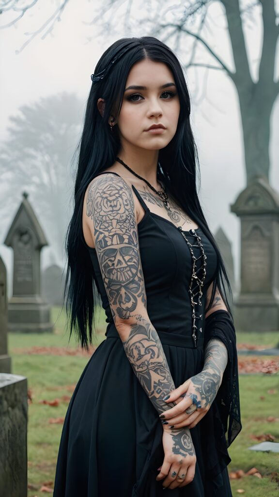 a (((gothic, heavily tattooed teenage girl))), with long, straight soft black hair and a melancholic expression, posing confidently against a (backdrop of gravestones and foggy surroundings)