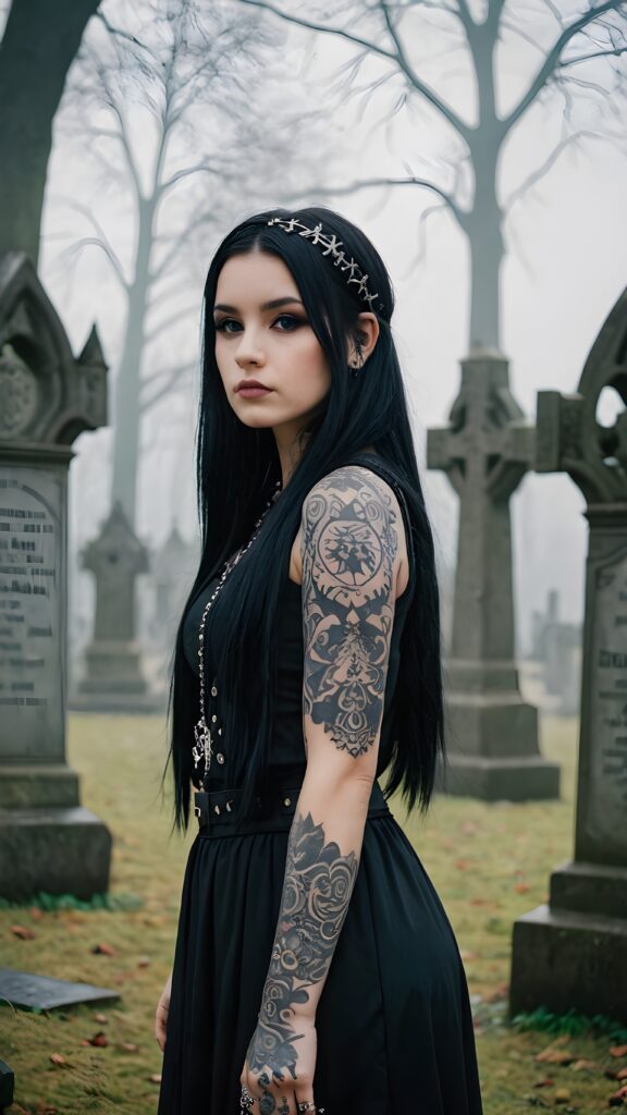 a (((gothic, heavily tattooed teenage girl))), with long, straight soft black hair and a melancholic expression, posing confidently against a (backdrop of gravestones and foggy surroundings)