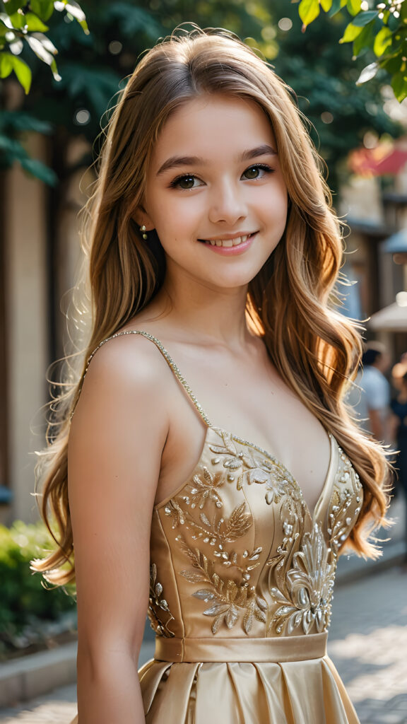 a highly stylized detailed photo of the beautiful (((teen girl))), soft long sleek gold hair, smile, perfect and fit body, intricate details, wearing a thin prom dress