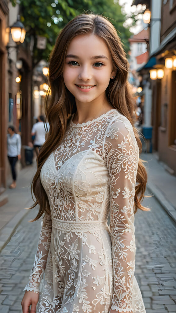 a highly stylized detailed photo of the beautiful (((teen girl))), soft long sleek cooper hair, smile, perfect and fit body, intricate details, ((dressed in a tight thin, lace dress))