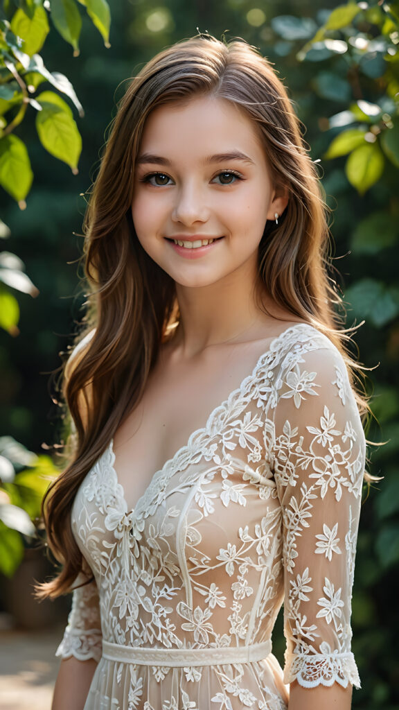 a highly stylized detailed photo of the beautiful (((teen girl))), soft long sleek cooper hair, smile, perfect and fit body, intricate details, ((dressed in a tight thin, lace dress))