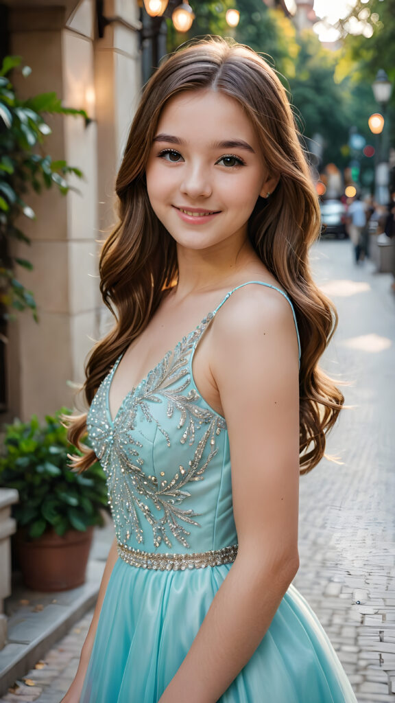 a highly stylized detailed photo of the beautiful (((teen girl))), soft long sleek cooper hair, smile, perfect and fit body, intricate details, ((dressed in a thin prom dress))