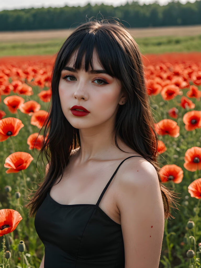 a hot young gotic teen girl in a poppy field, dark straight hair bangs cut, lightly black dressed, perfect body, flirts with the viewer ((stunning)) ((gorgeous)) ((full lips)) ((side view))