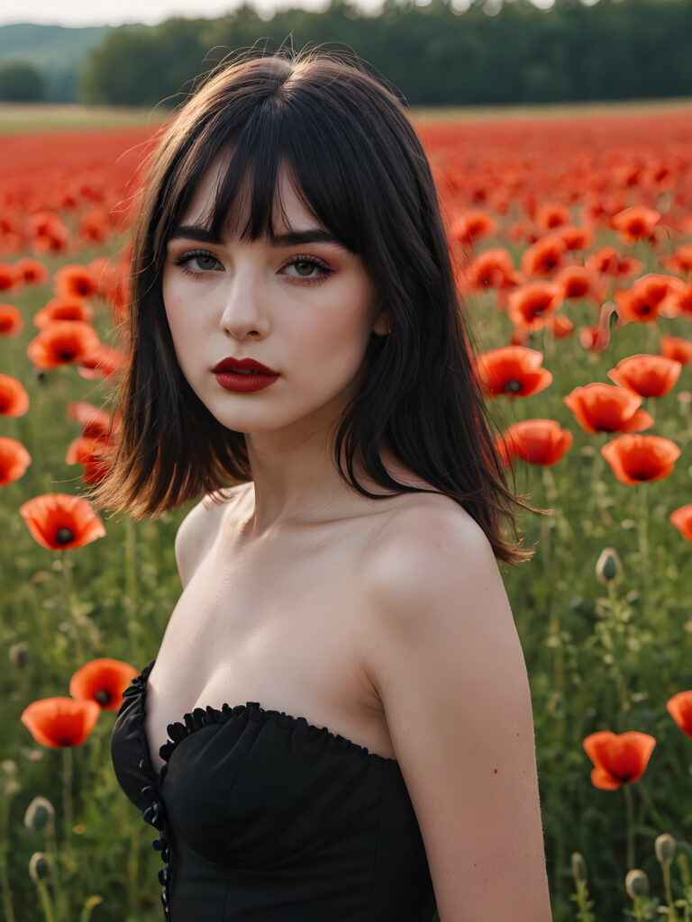 a hot young gotic teen girl in a poppy field, dark straight hair bangs cut, lightly black dressed, perfect body, flirts with the viewer ((stunning)) ((gorgeous)) ((full lips)) ((side view))