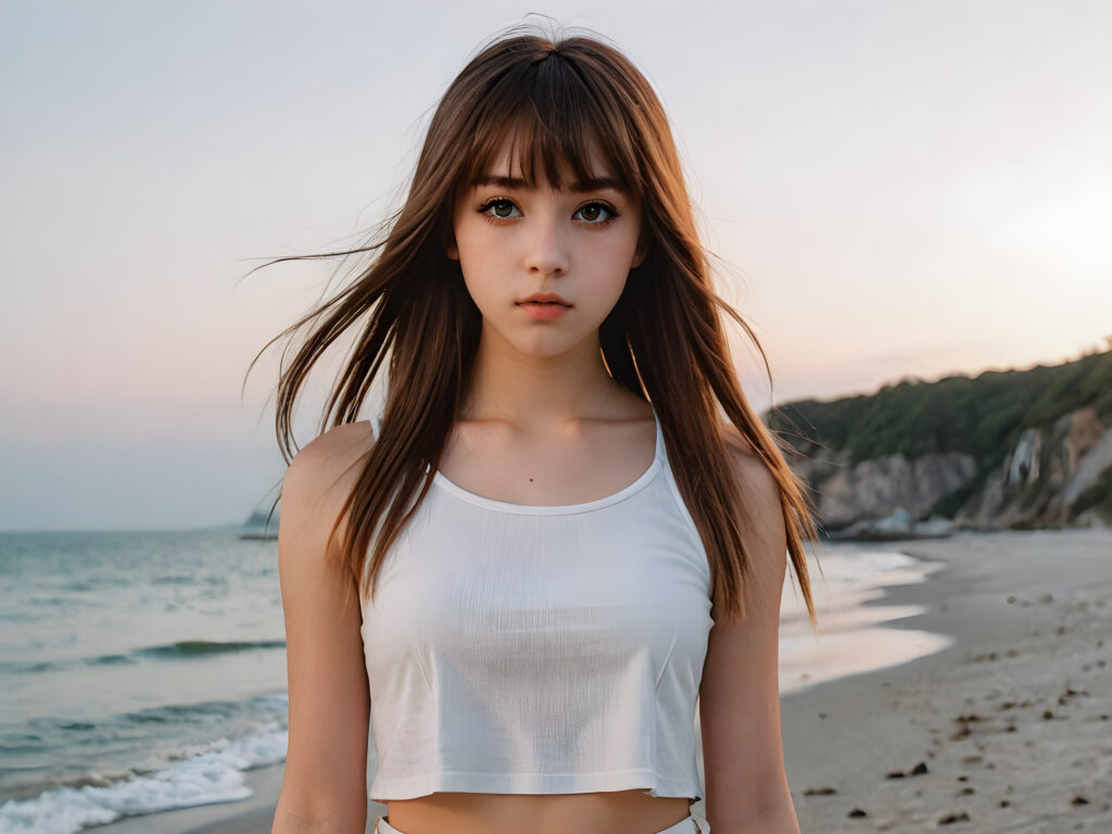 a hyperrealistic drawing of a (((teen emo girl with long, soft brown straight hair framing her face in subtle bangs and realistically expressive eyes, conveying a sense of melancholy and isolation)) standing on a serene yet deserted beach at dawn) ((full body)) ((white crop top, mini skirt))