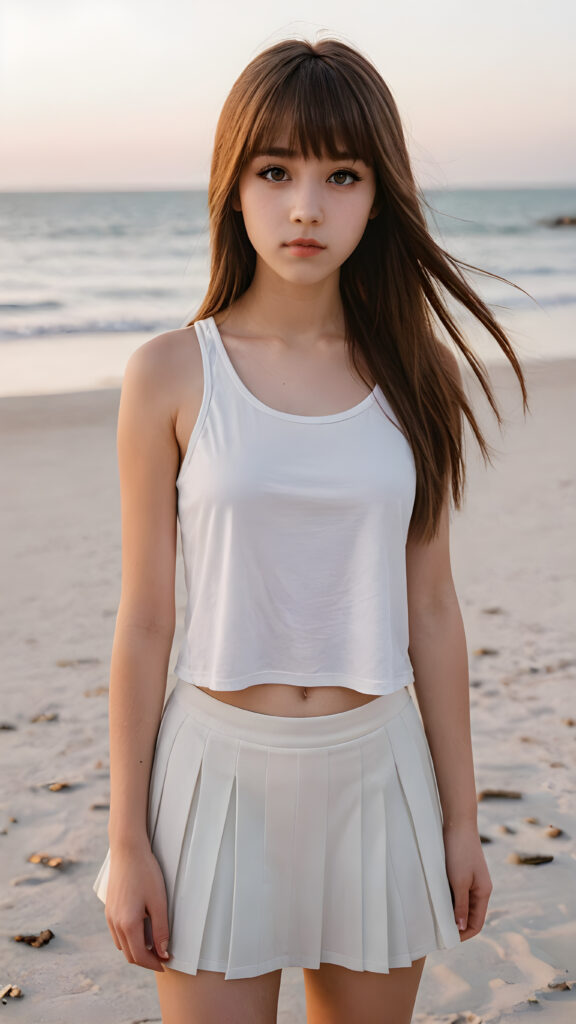 a hyperrealistic drawing of a (((teen emo girl with long, soft brown straight hair framing her face in subtle bangs and realistically expressive eyes, conveying a sense of melancholy and isolation)) standing on a serene yet deserted beach at dawn) ((full body)) ((white crop top, mini skirt))