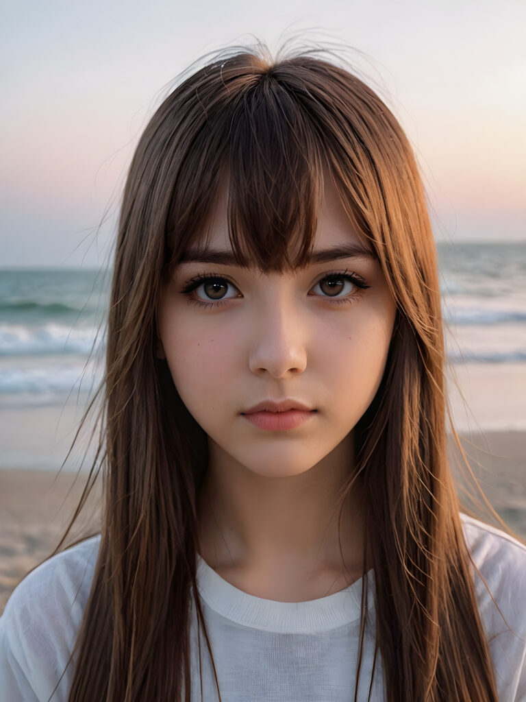 a hyperrealistic drawing of a (((teen emo girl with long, soft brown straight hair framing her face in subtle bangs and realistically expressive eyes, conveying a sense of melancholy and isolation)) standing on a serene yet deserted beach at dawn)