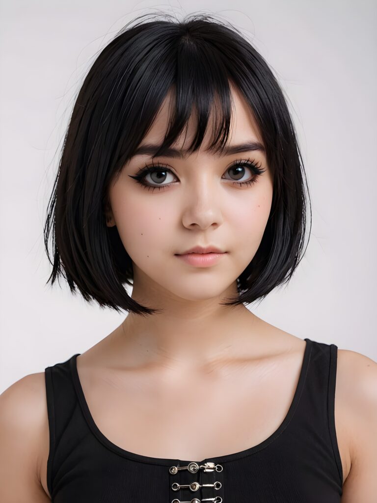 a innocent ((cute little Emo teen girl)), straight black hair, ((round face)), bob bangs cut, black eyeliner, looks seductive, black dressed in a crop top, ((white background))