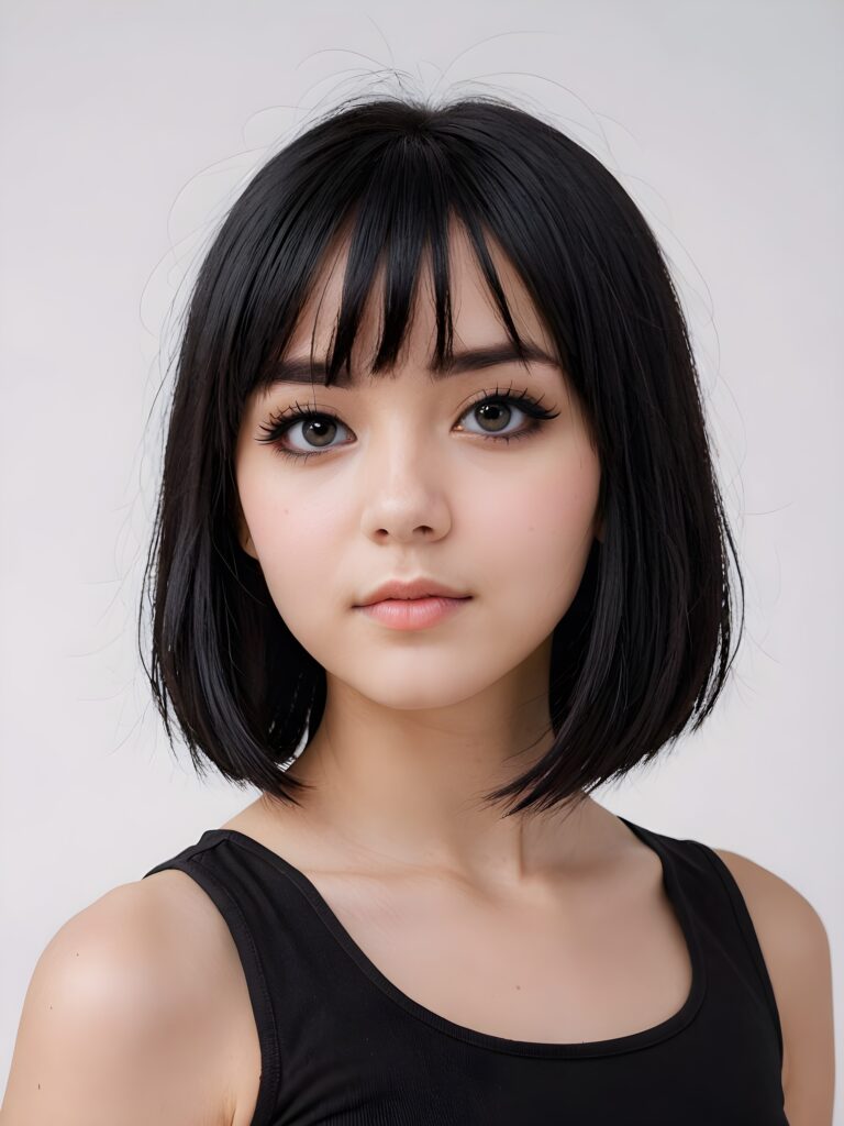 a innocent ((cute little Emo teen girl)), straight black hair, ((round face)), bob bangs cut, black eyeliner, looks seductive, black dressed in a crop top, ((white background))