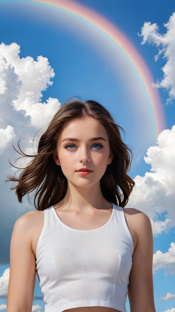 a (((masterful fine art portrait))) featuring a (((girl with dark brown soft hair and azure blue eyes))), elegantly framed by a (((sleeveless white crop top))), set against a (dazzlingly vivid swirl of a rainbow that contrasts against a (serene, crystal-clear sky punctuated by delicate, fluffy clouds)), evoking a sense of natural splendor and tranquil grace
