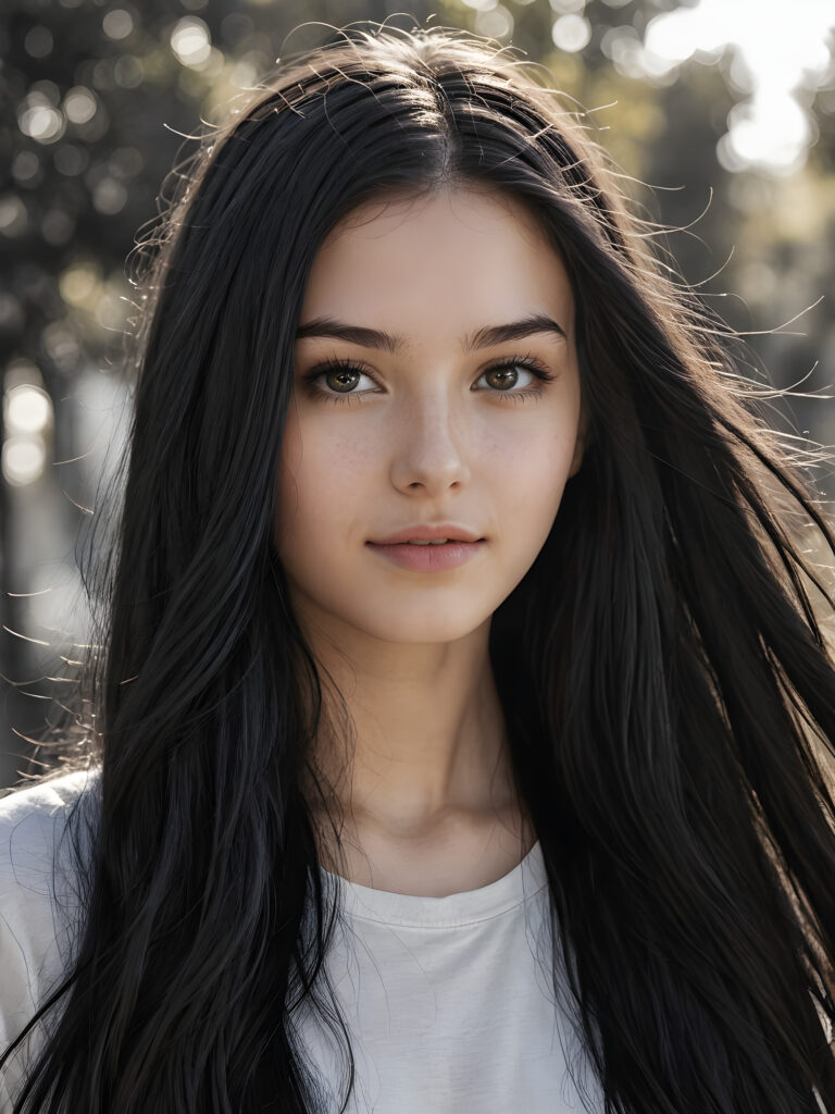 a pencil drawing (((vividly drawn portrait))), capturing a young teen girl with long, flowing (((black hair))), her eyes sparkling and her skin radiant, wearing comfortable clothes, embodying flawless beauty