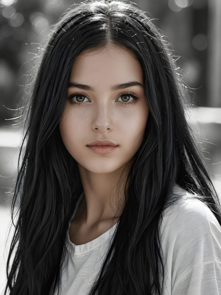 a pencil drawing (((vividly drawn portrait))), capturing a young teen girl with long, flowing (((black hair))), her eyes sparkling and her skin radiant, wearing comfortable clothes, embodying flawless beauty