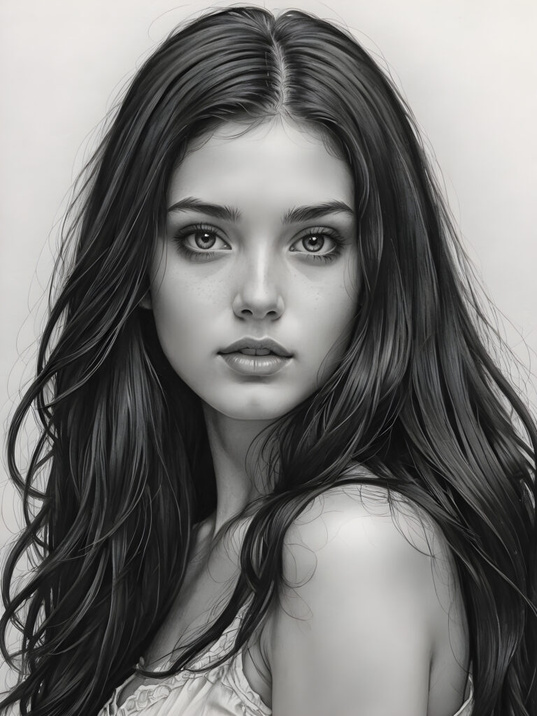 a pencil drawing (((vividly drawn portrait))), capturing a young girl with long, flowing (((black hair))), her eyes sparkling and her skin radiant, embodying flawless beauty