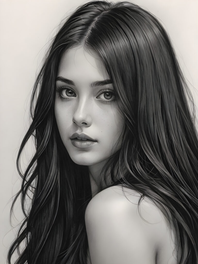 a pencil drawing (((vividly drawn portrait))), capturing a young girl with long, flowing (((black hair))), her eyes sparkling and her skin radiant, embodying flawless beauty