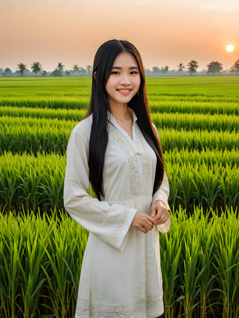 a perfect Asian teen girl stands in front of a rice field. She has long, straight black hair that shines in the evening light, perfect curved body, traditionally dressed, she smiles, beautiful atmosphere.