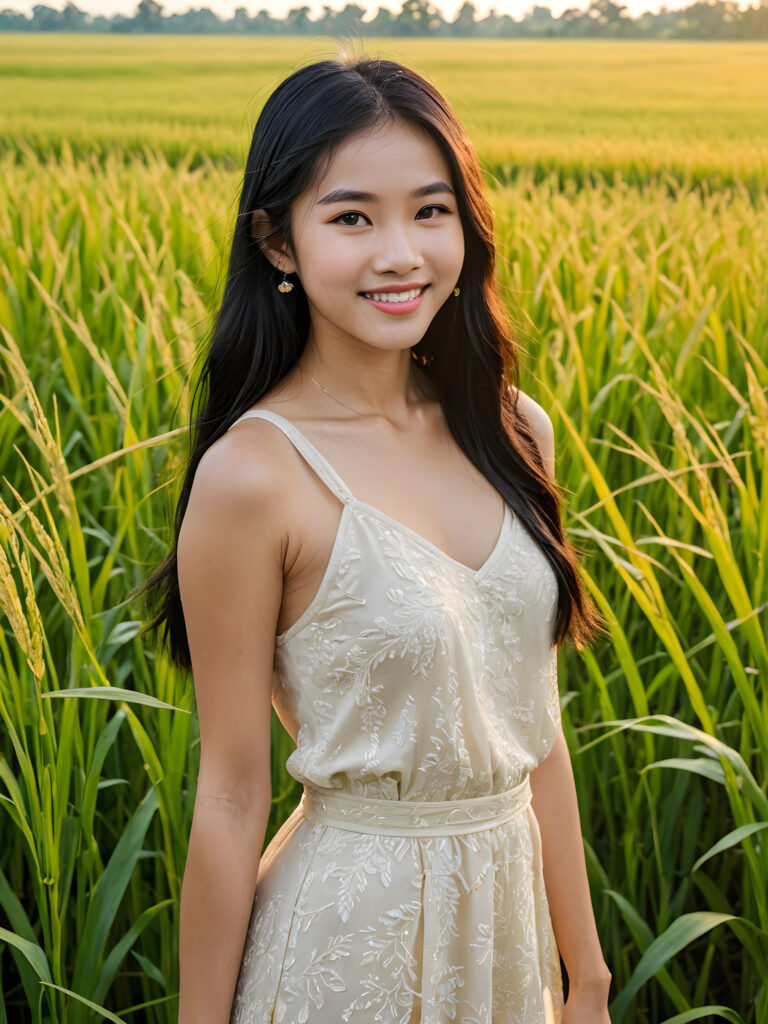 a perfect Asian teen girl stands in front of a rice field. She has long, straight black hair that shines in the evening light, perfect curved body, traditionally dressed, she smiles, beautiful atmosphere.