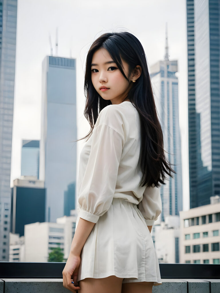 a (((photo))) capturing a (((Japanese teen girl standing alone))), her features sharply detailed and realistic, framed by the sleek silhouette of (((skyscrapers))) in the background, her long, flowing black hair adding a touch of movement and contrast, she has a beautiful, perfectly shaped body, ((stunning)), ((gorgeous)), ((cute))