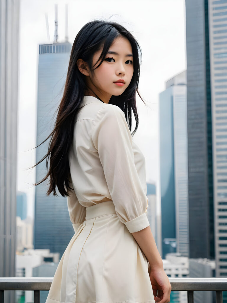 a (((photo))) capturing a (((Japanese teen girl standing alone))), her features sharply detailed and realistic, framed by the sleek silhouette of (((skyscrapers))) in the background, her long, flowing black hair adding a touch of movement and contrast, she has a beautiful, perfectly shaped body, ((stunning)), ((gorgeous)), ((cute))